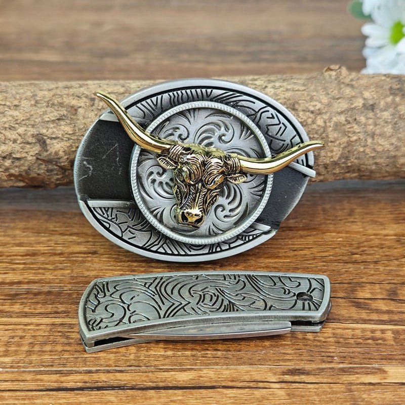 Western Embossed Brown Leather Belt with Antique Silver Cowboy Buckle - CowderryBeltsPraying