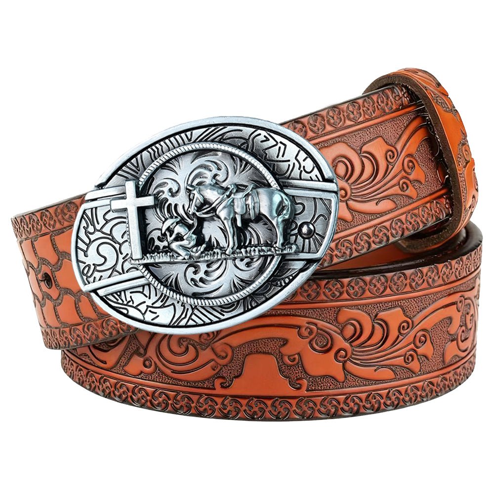Western Embossed Brown Leather Belt with Antique Silver Cowboy Buckle - CowderryBeltsPraying