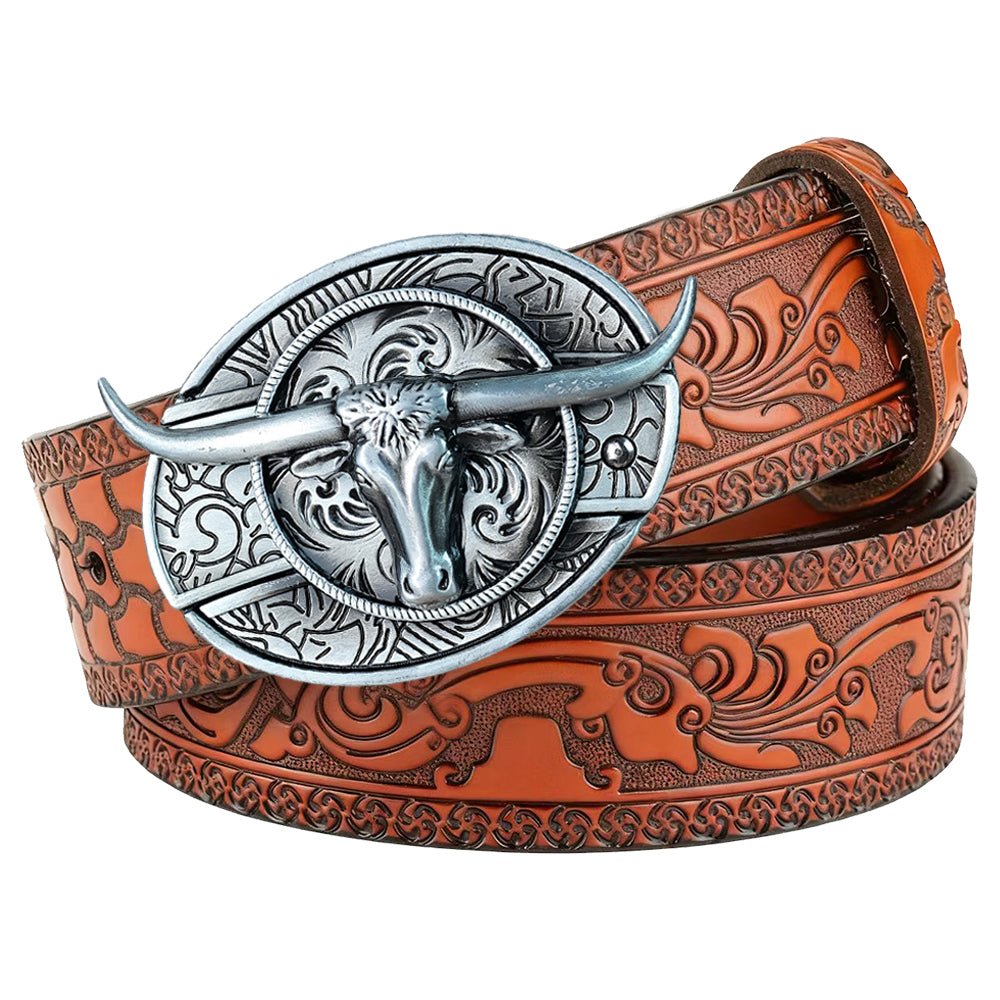 Western Embossed Brown Leather Belt with Antique Silver Cowboy Buckle - CowderryBeltsSilver Longhorn