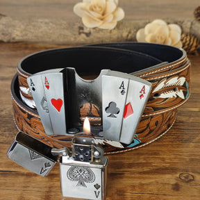 Western Feather Embossed Belt With Hidden Lighter - CowderryBelt4 Aces