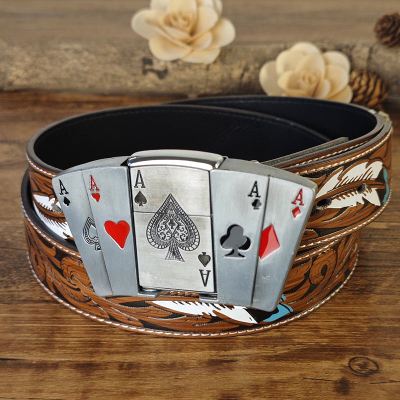 Western Feather Embossed Belt With Hidden Lighter - CowderryBelt4 Aces