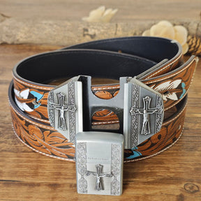 Western Feather Embossed Belt With Hidden Lighter - CowderryBeltCross