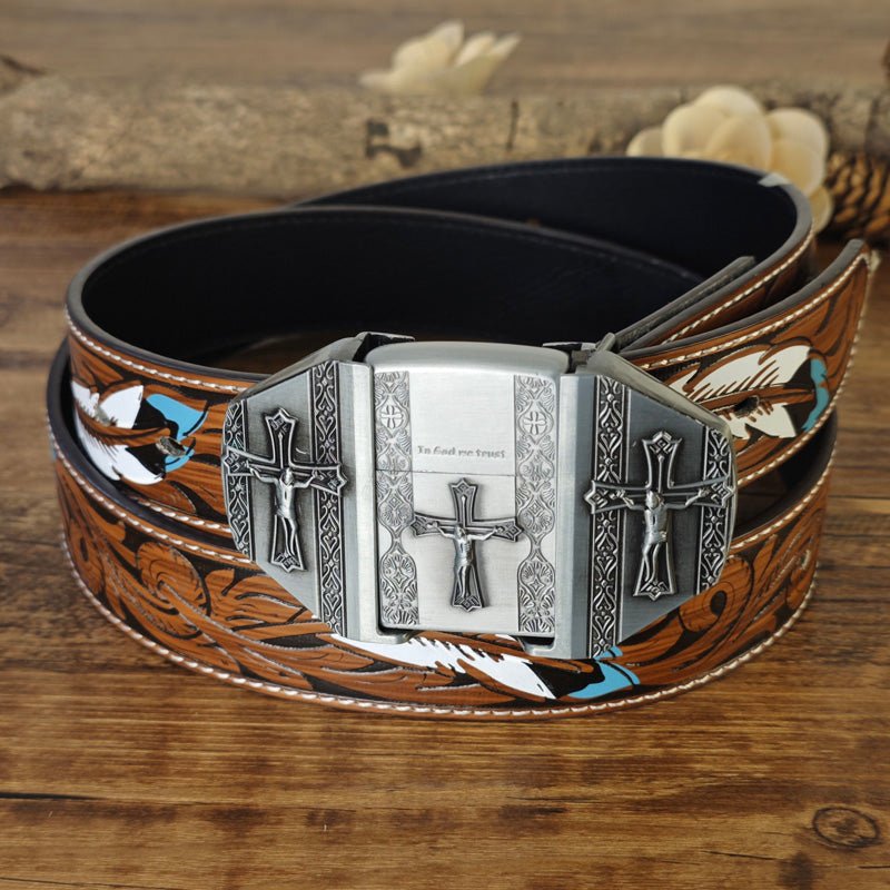 Western Feather Embossed Belt With Hidden Lighter - CowderryBeltCross