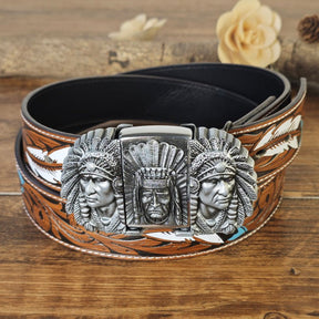 Western Feather Embossed Belt With Hidden Lighter - CowderryBeltNative American