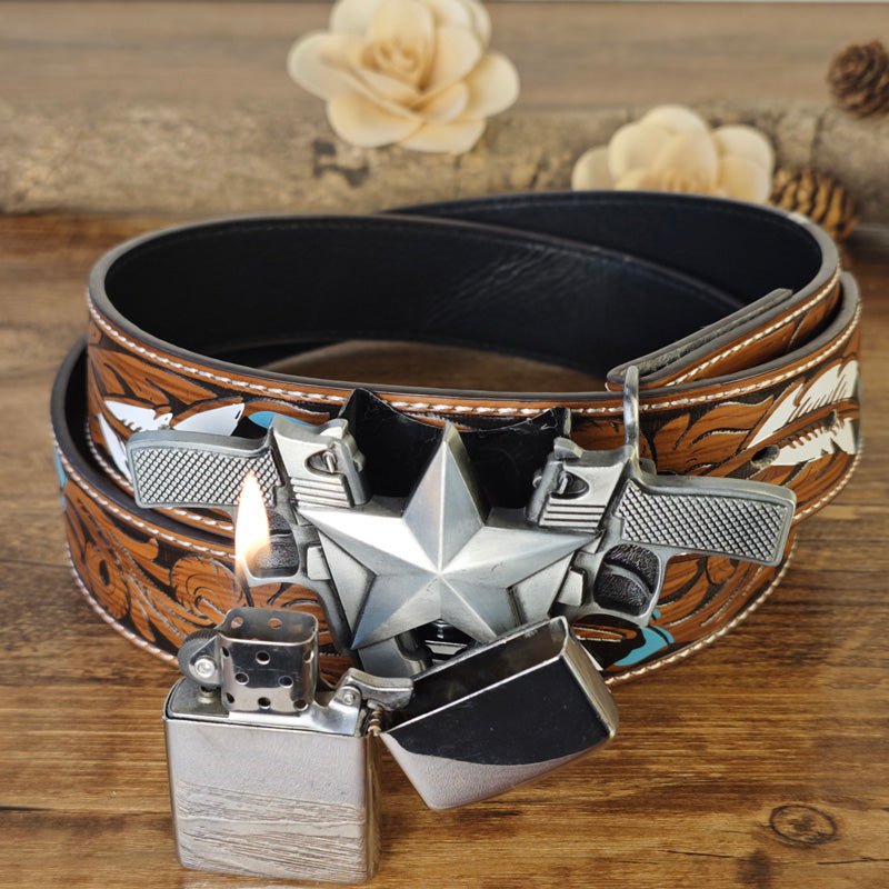 Western Feather Embossed Belt With Hidden Lighter - CowderryBeltPistol Shape