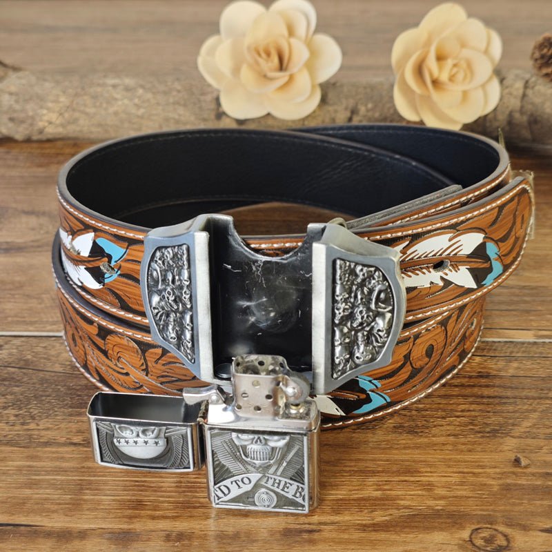 Western Feather Embossed Belt With Hidden Lighter - CowderryBeltSkull