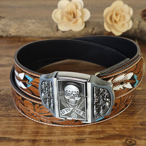 Western Feather Embossed Belt With Hidden Lighter - CowderryBeltSkull