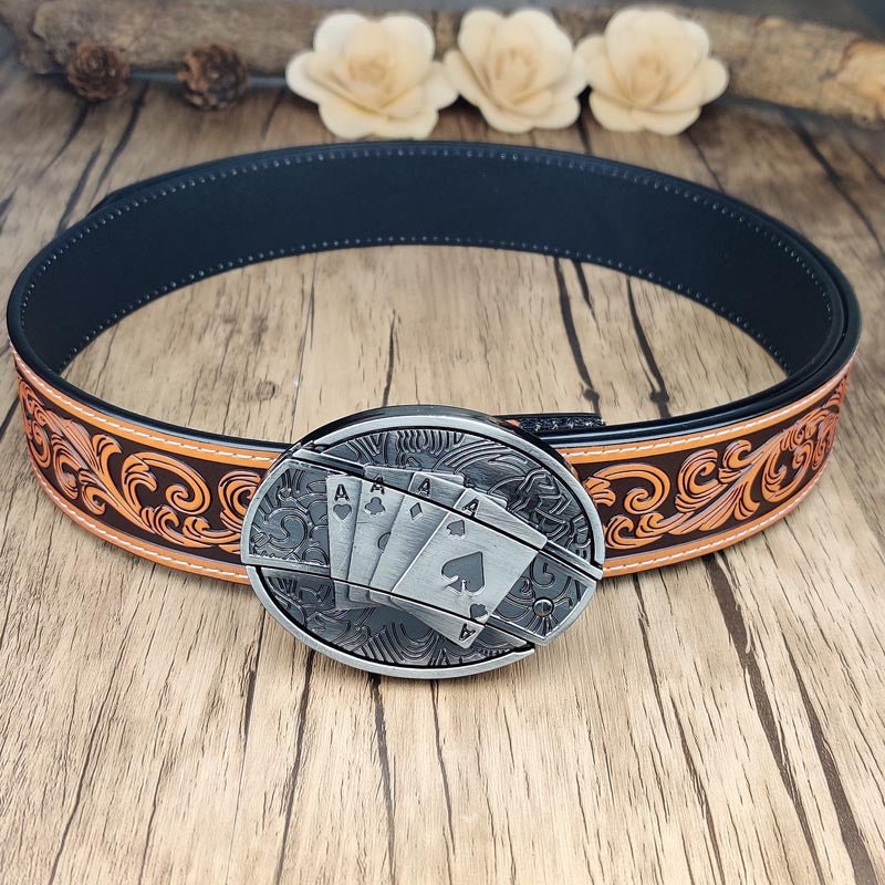 Western Floral Belt With Cool Belt Buckle - CowderryBelt4 Aces