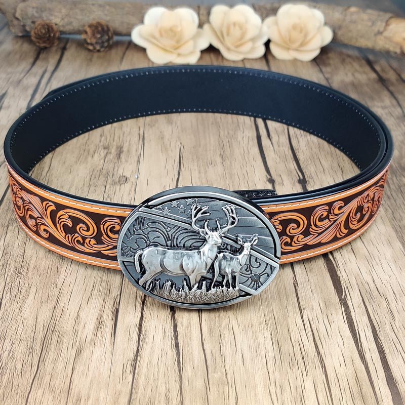 Western Floral Belt With Cool Belt Buckle - CowderryBeltDeer