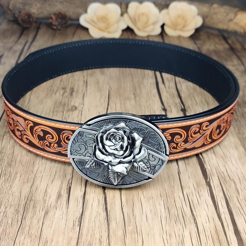 Western Floral Belt With Cool Belt Buckle - CowderryBeltRose