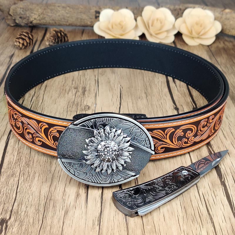 Western Floral Belt With Cool Belt Buckle - CowderryBeltSunflower