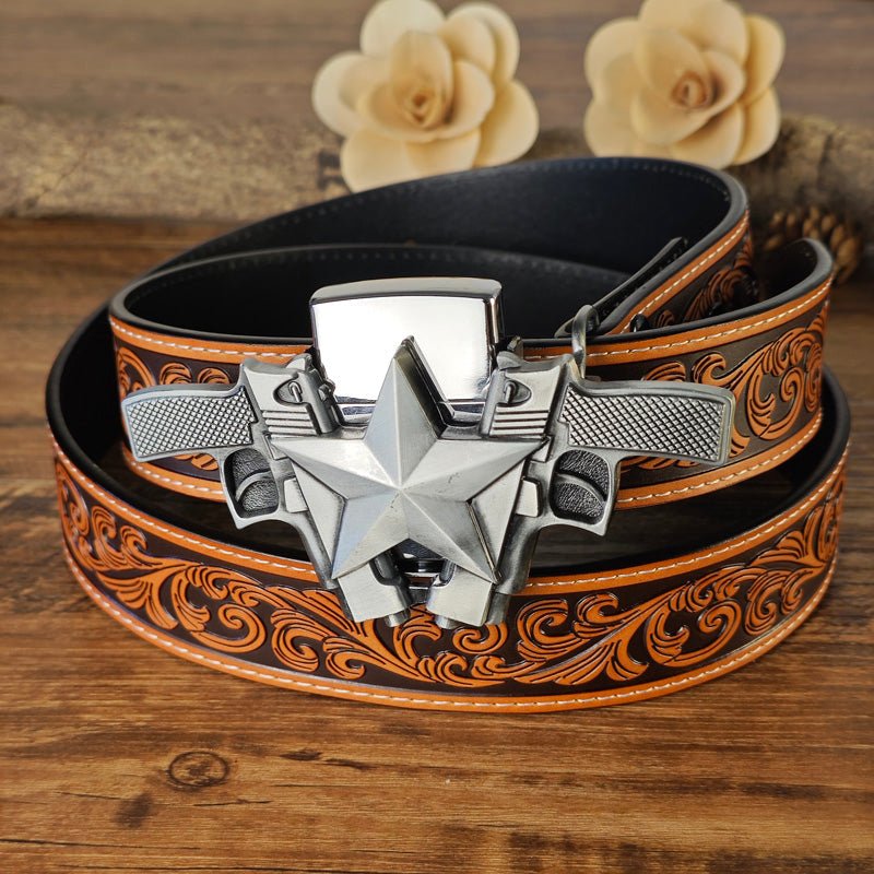 Bronze Plated Western Flower Pattern Rectangle Belt Buckle - Men's Cowboy Style