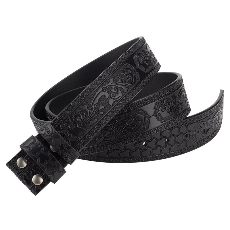 Western Floral Engraved Black Leather Belt with Gold Initial Letters A - Z Buckle - CowderryA