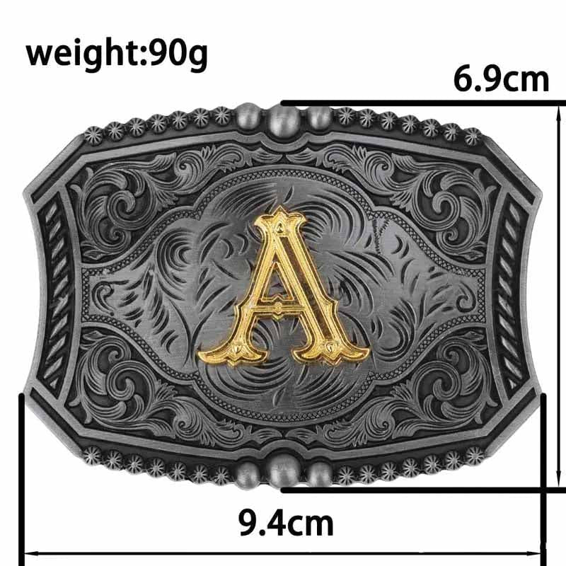 Western Floral Engraved Black Leather Belt with Gold Initial Letters A - Z Buckle - CowderryA