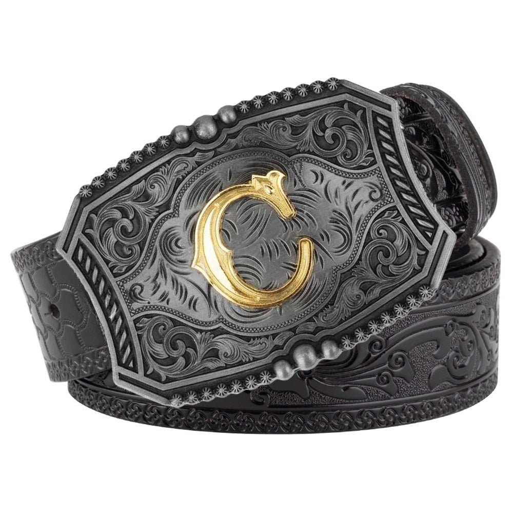 Western Floral Engraved Black Leather Belt with Gold Initial Letters A - Z Buckle - CowderryC