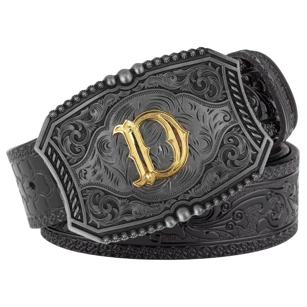 Western Floral Engraved Black Leather Belt with Gold Initial Letters A - Z Buckle - CowderryD