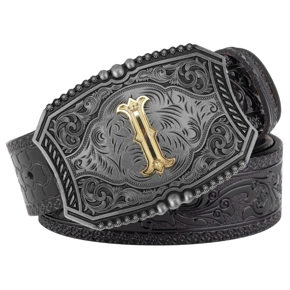 Western Floral Engraved Black Leather Belt with Gold Initial Letters A - Z Buckle - CowderryI