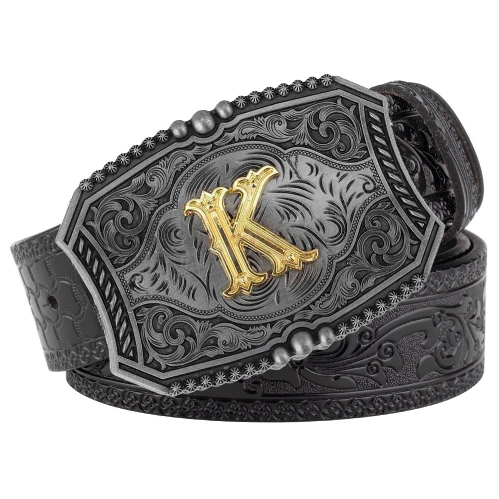 Western Floral Engraved Black Leather Belt with Gold Initial Letters A - Z Buckle - CowderryK