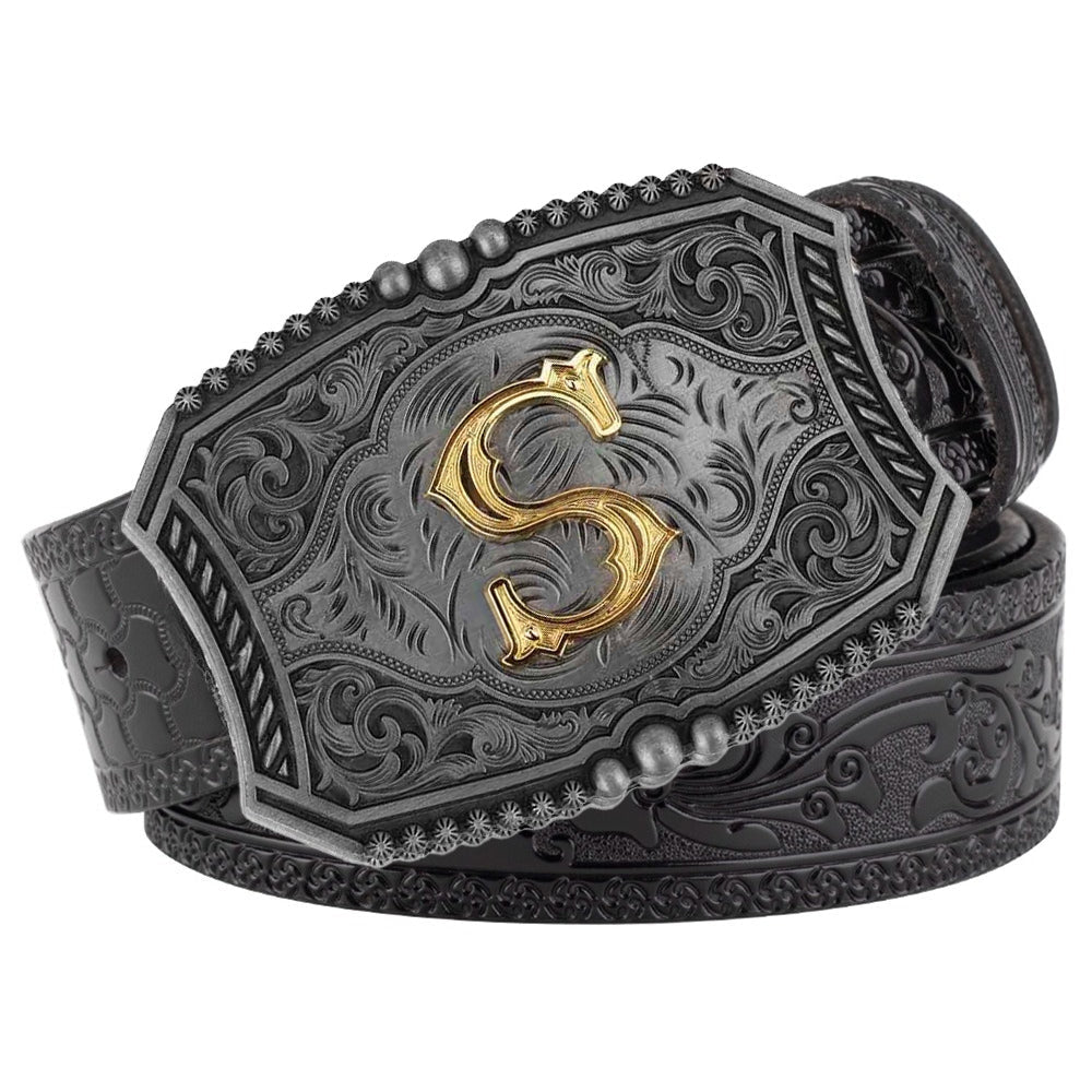 Western Floral Engraved Black Leather Belt with Gold Initial Letters A - Z Buckle - CowderryS