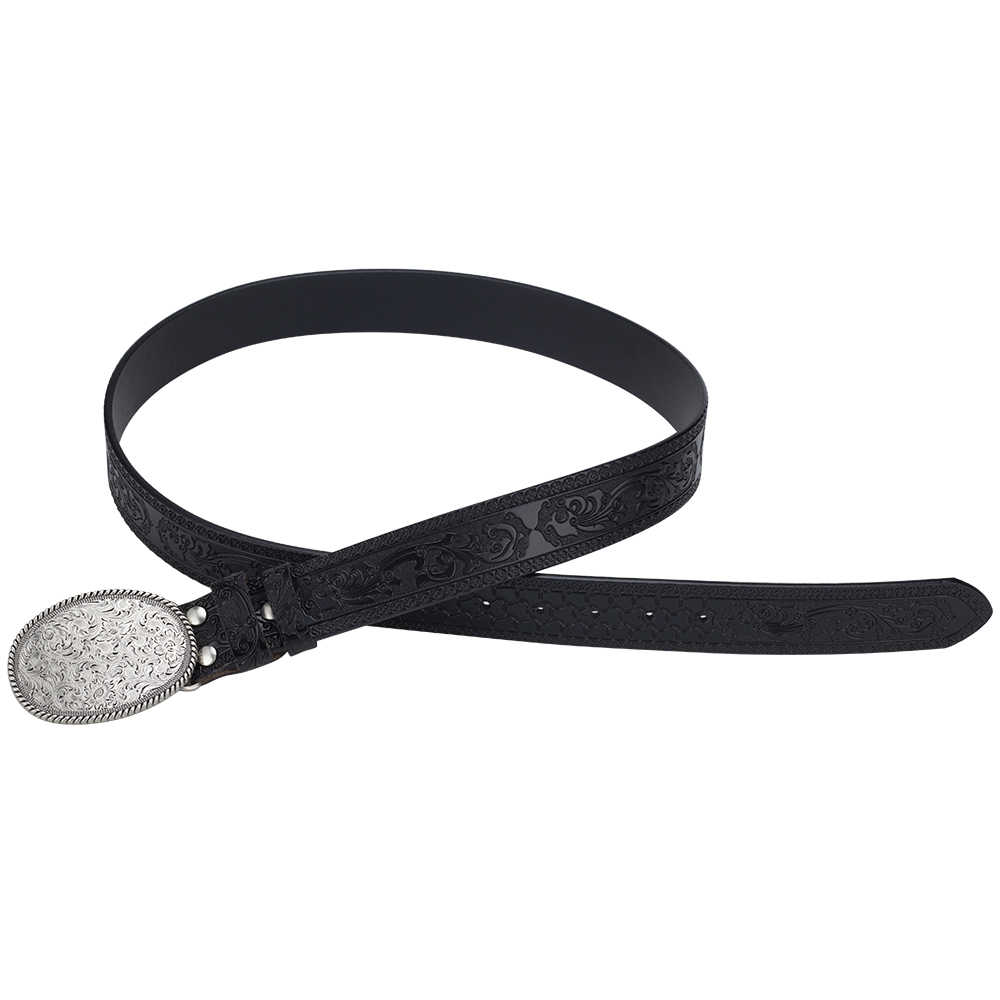 Western Floral Leather Belt with Engraved Oval Buckle - CowderryBeltBrown