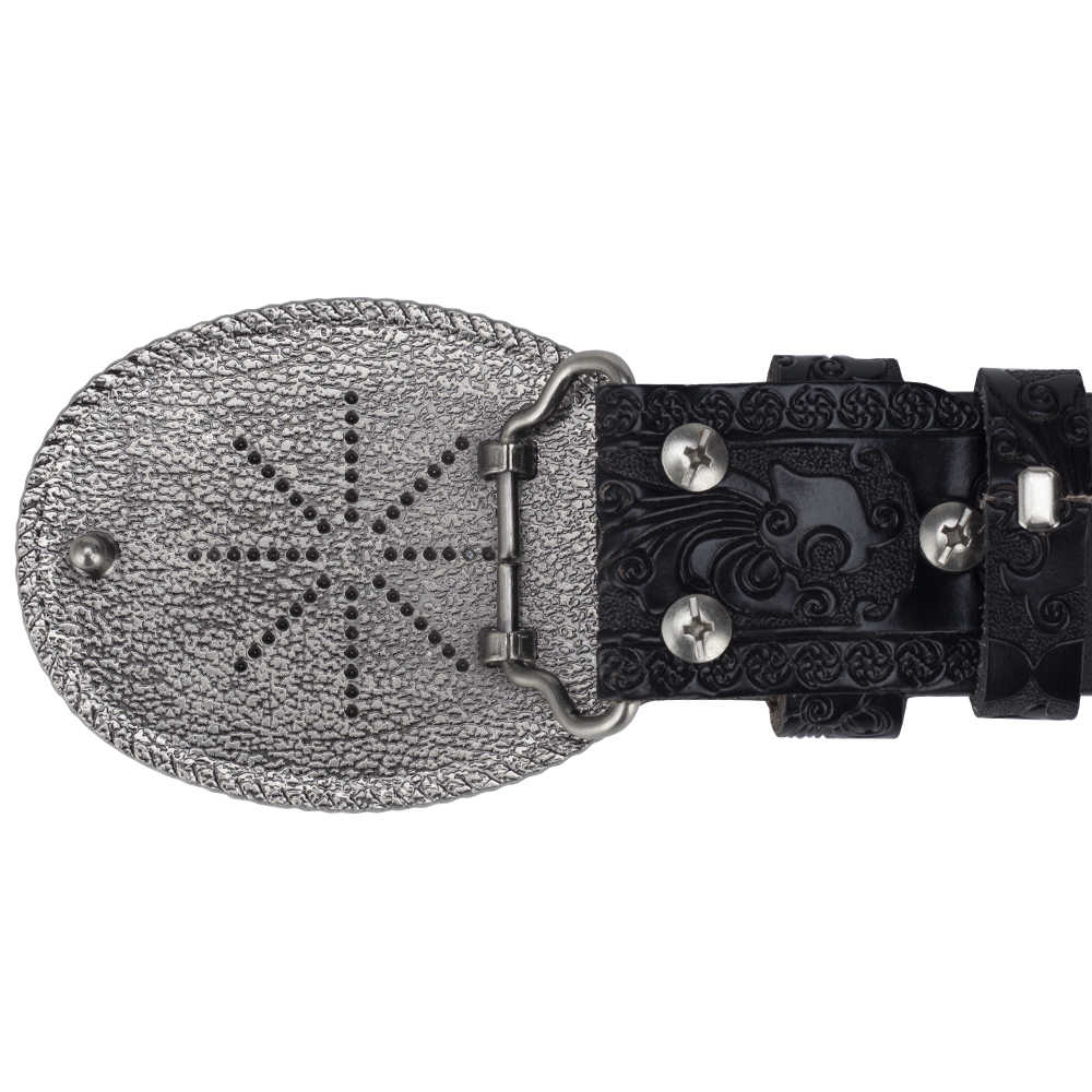 Western Floral Leather Belt with Engraved Oval Buckle - CowderryBeltBrown