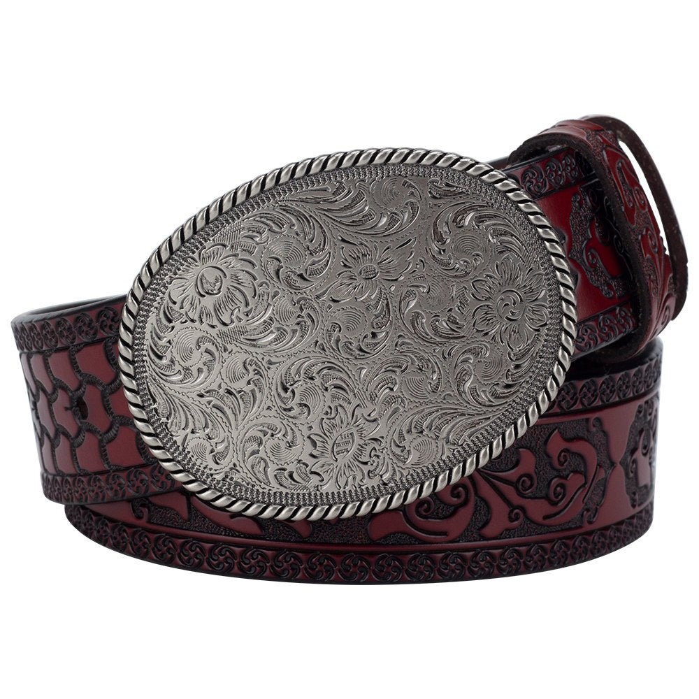Western Floral Leather Belt with Engraved Oval Buckle - CowderryBeltBrown