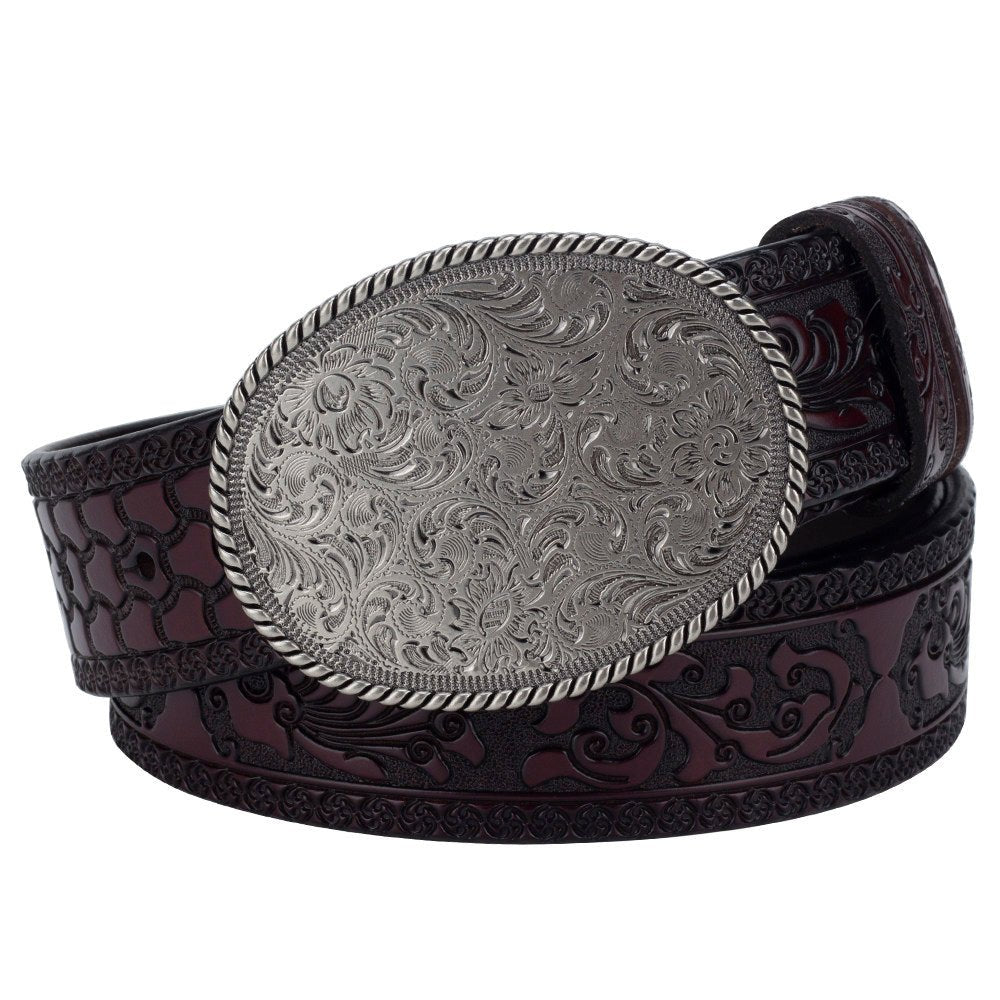 Western Floral Leather Belt with Engraved Oval Buckle - CowderryBeltDark Brown