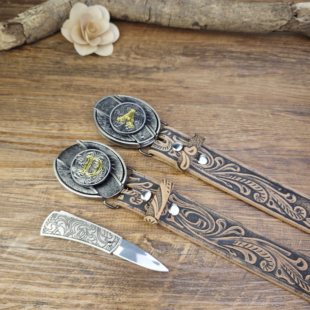 Western Floral Vintage Leather Belt With Cool Initial Buckle - CowderryA
