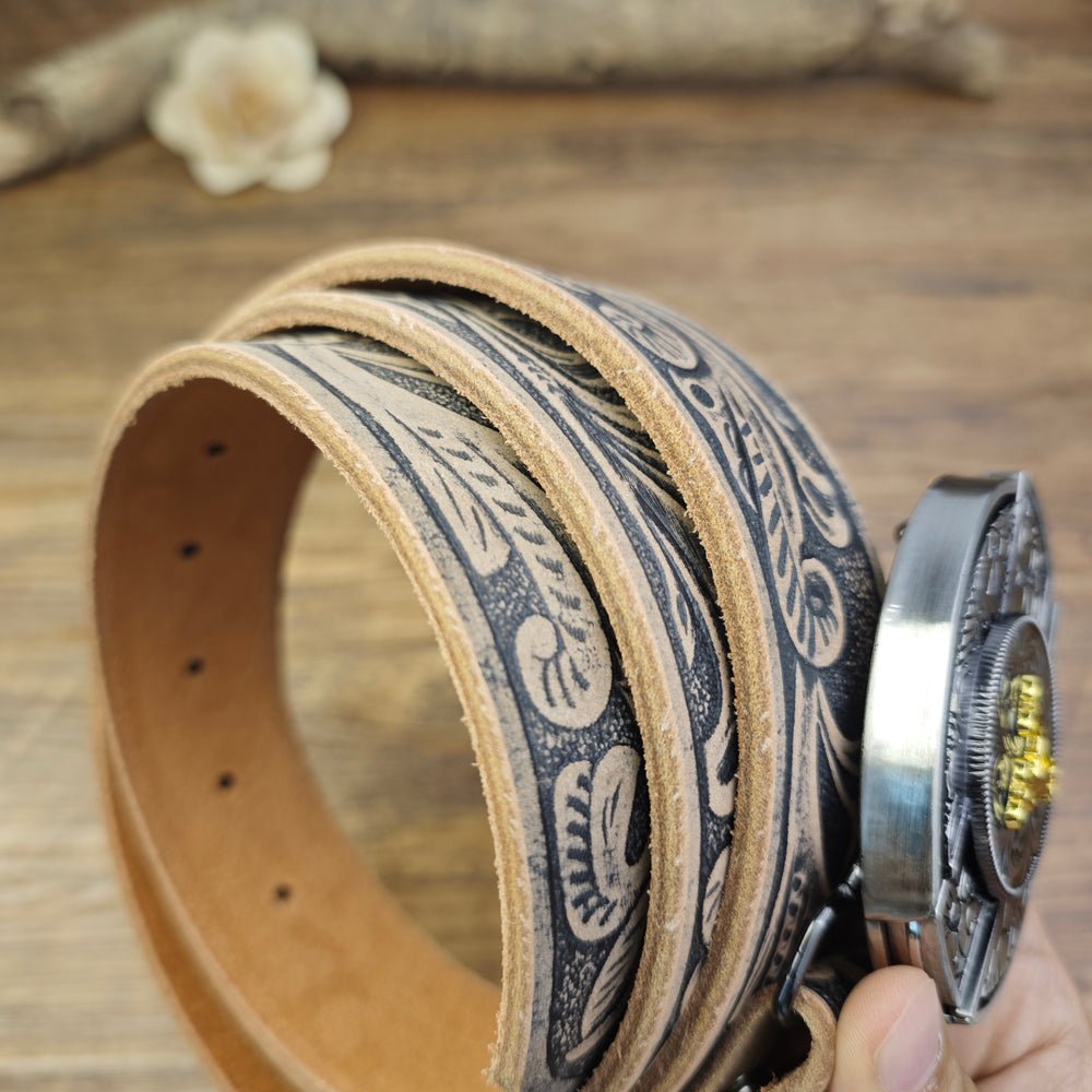 Western Floral Vintage Leather Belt With Cool Initial Buckle - CowderryA