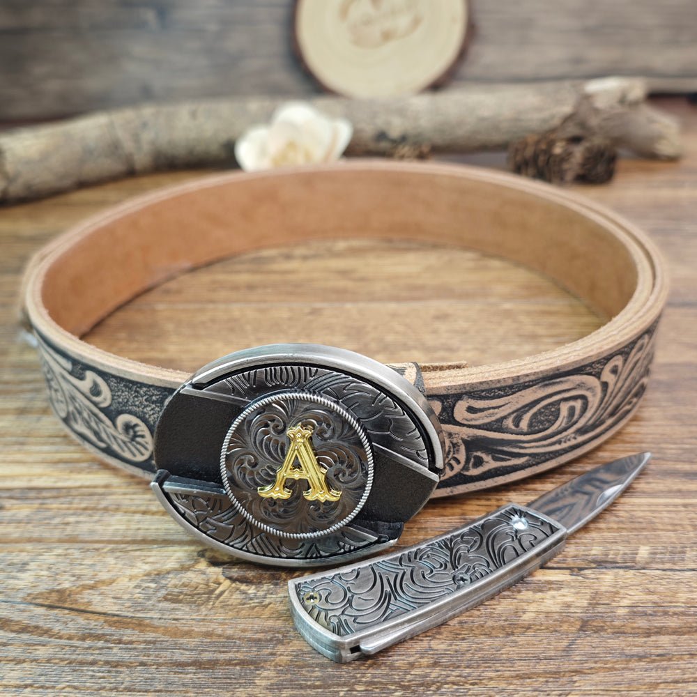 Western Floral Vintage Leather Belt With Cool Initial Buckle - CowderryA