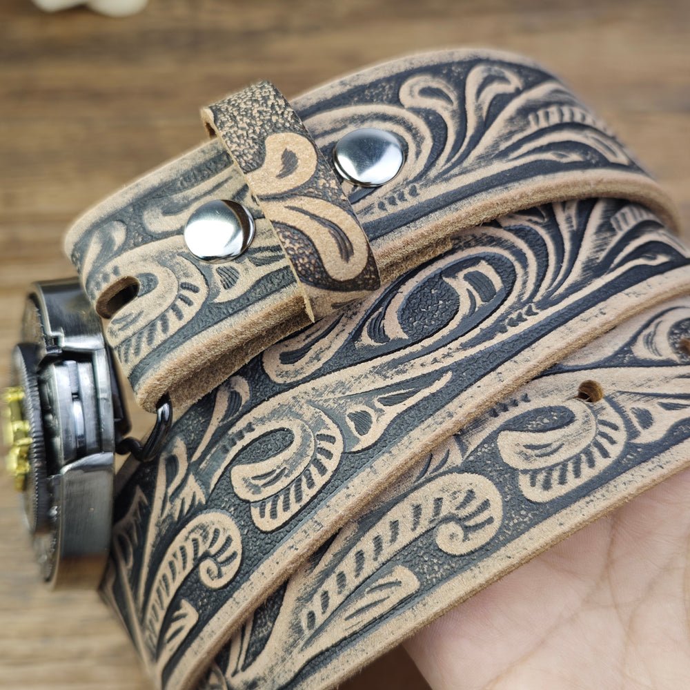 Western Floral Vintage Leather Belt With Cool Initial Buckle - CowderryA