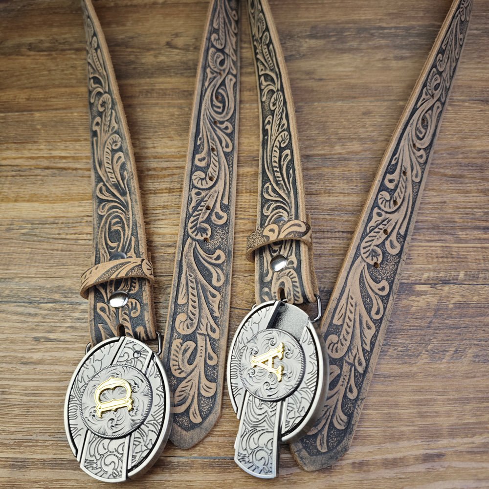 Western Floral Vintage Leather Belt With Cool Initial Buckle - CowderryA