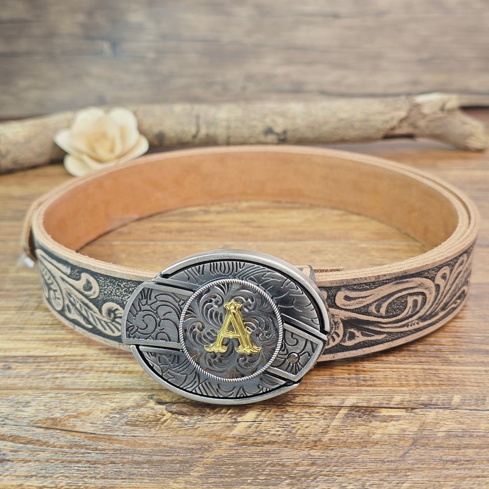 Western Floral Vintage Leather Belt With Cool Initial Buckle - CowderryA