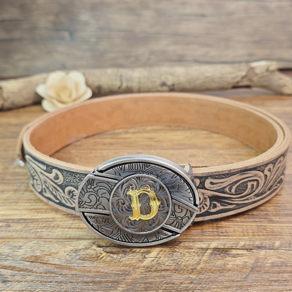 Western Floral Vintage Leather Belt With Cool Initial Buckle - CowderryD