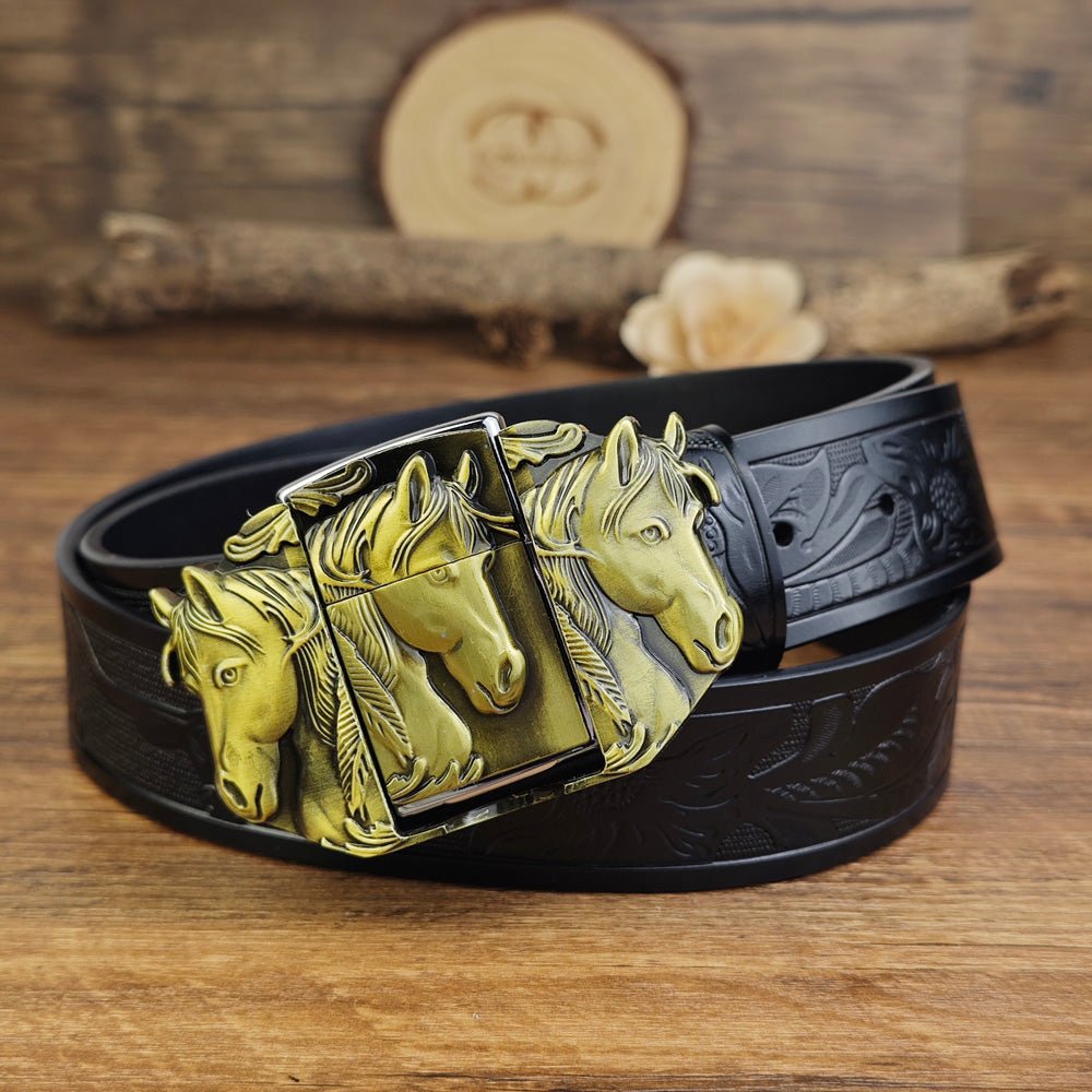 Western Horse Belt With Hidden Lighter - CowderryBeltsBrown