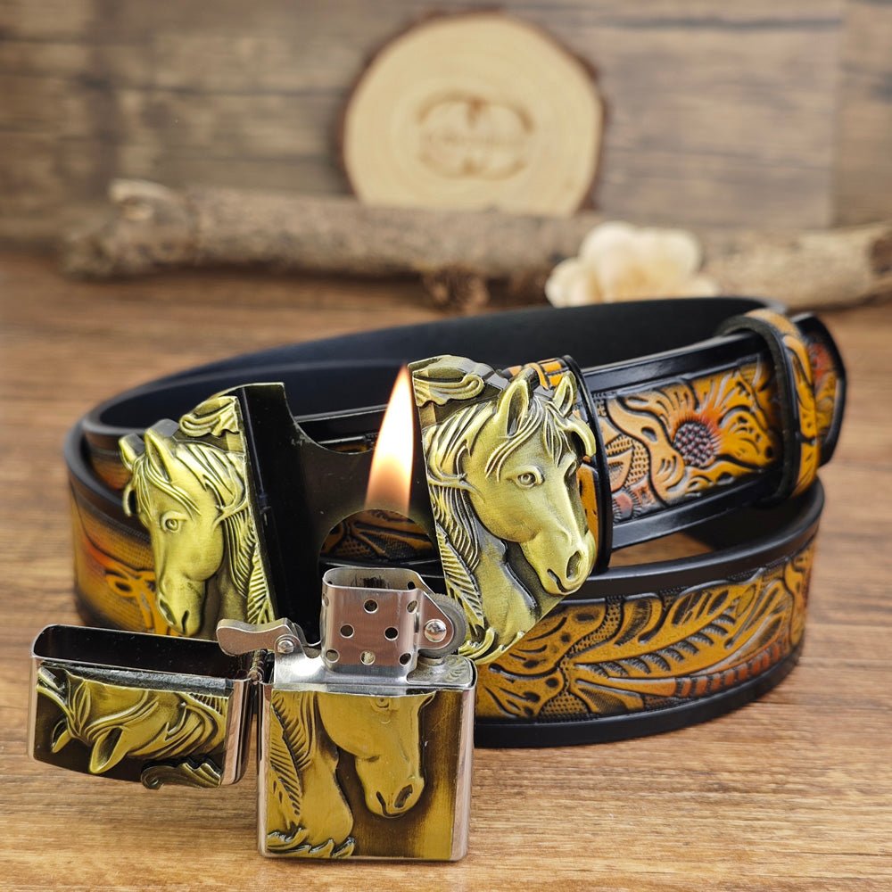 Western Horse Belt With Hidden Lighter - CowderryBeltsBrown