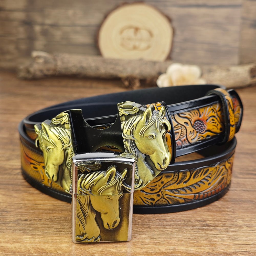 Western Horse Belt With Hidden Lighter - CowderryBeltsBrown