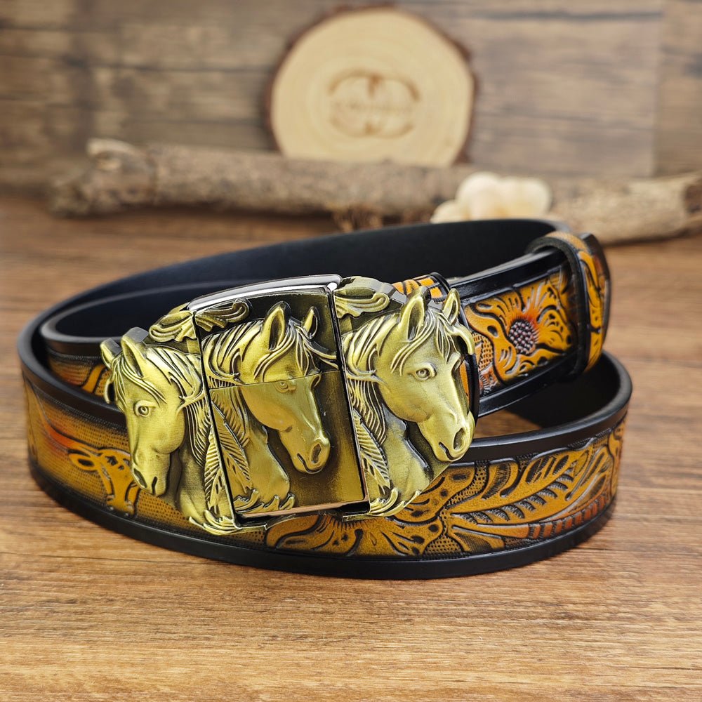 Western Horse Belt With Hidden Lighter - CowderryBeltsBrown