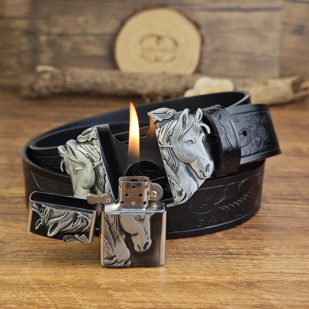 Western Horse Belt With Hidden Lighter - CowderryBeltsSilver