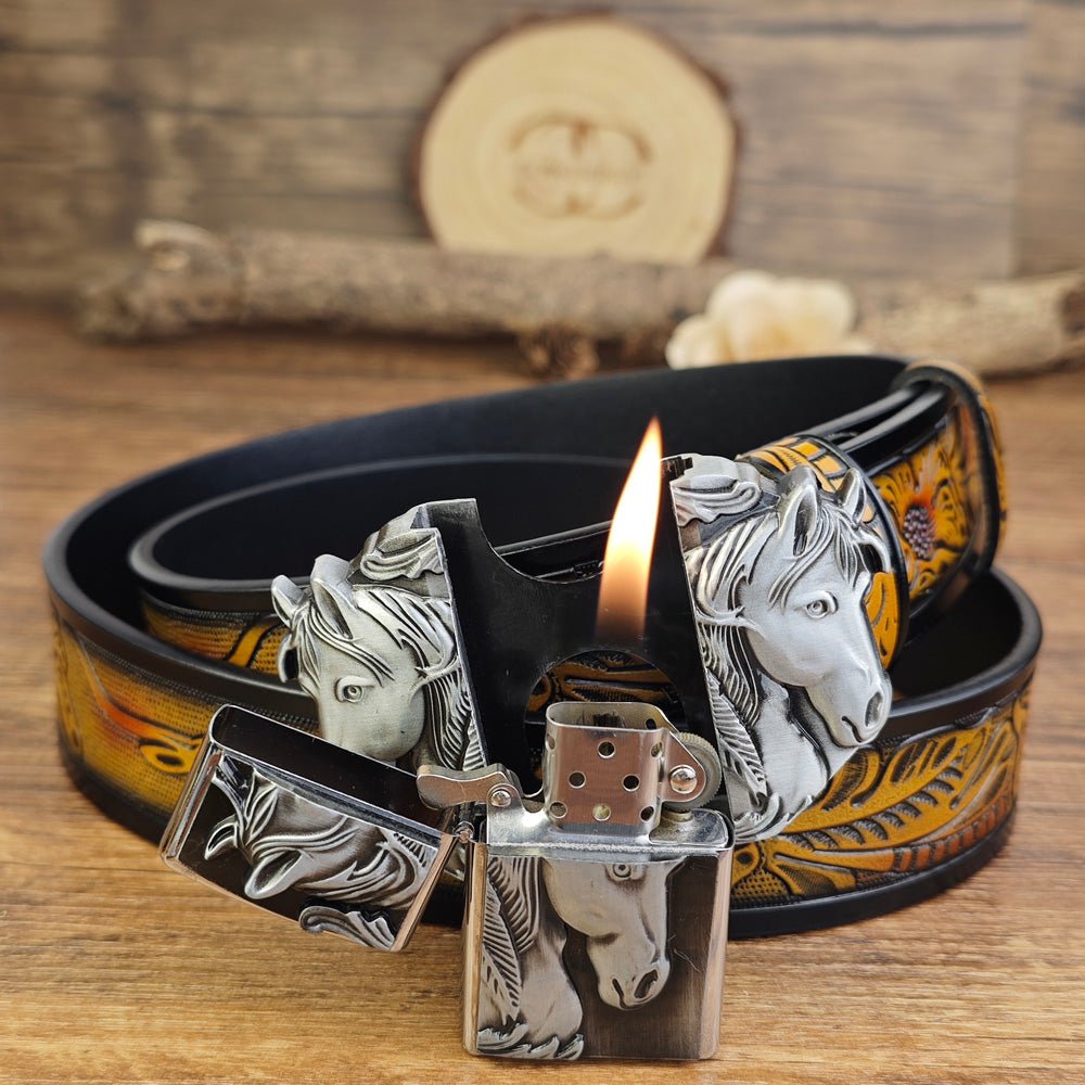 Western Horse Belt With Hidden Lighter - CowderryBeltsSilver