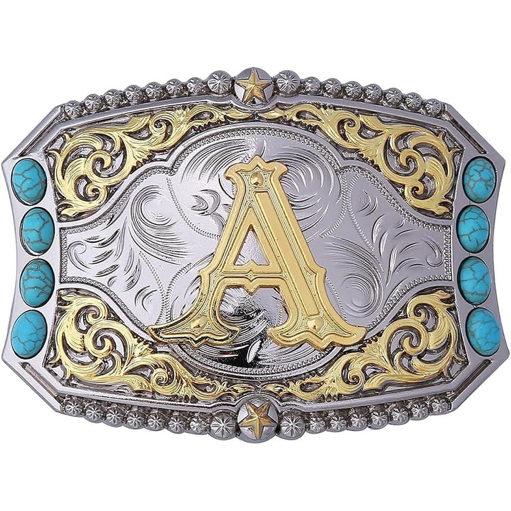 Western Initial Belt Buckle with Turquoise and Gold Silver Engraving - CowderryBelt BucklesA