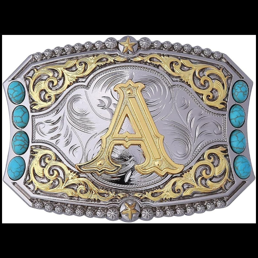 Western Initial Belt Buckle with Turquoise and Gold Silver Engraving