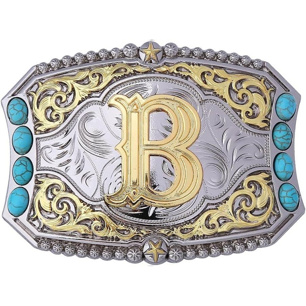 Western Initial Belt Buckle with Turquoise and Gold Silver Engraving - CowderryBelt BucklesB