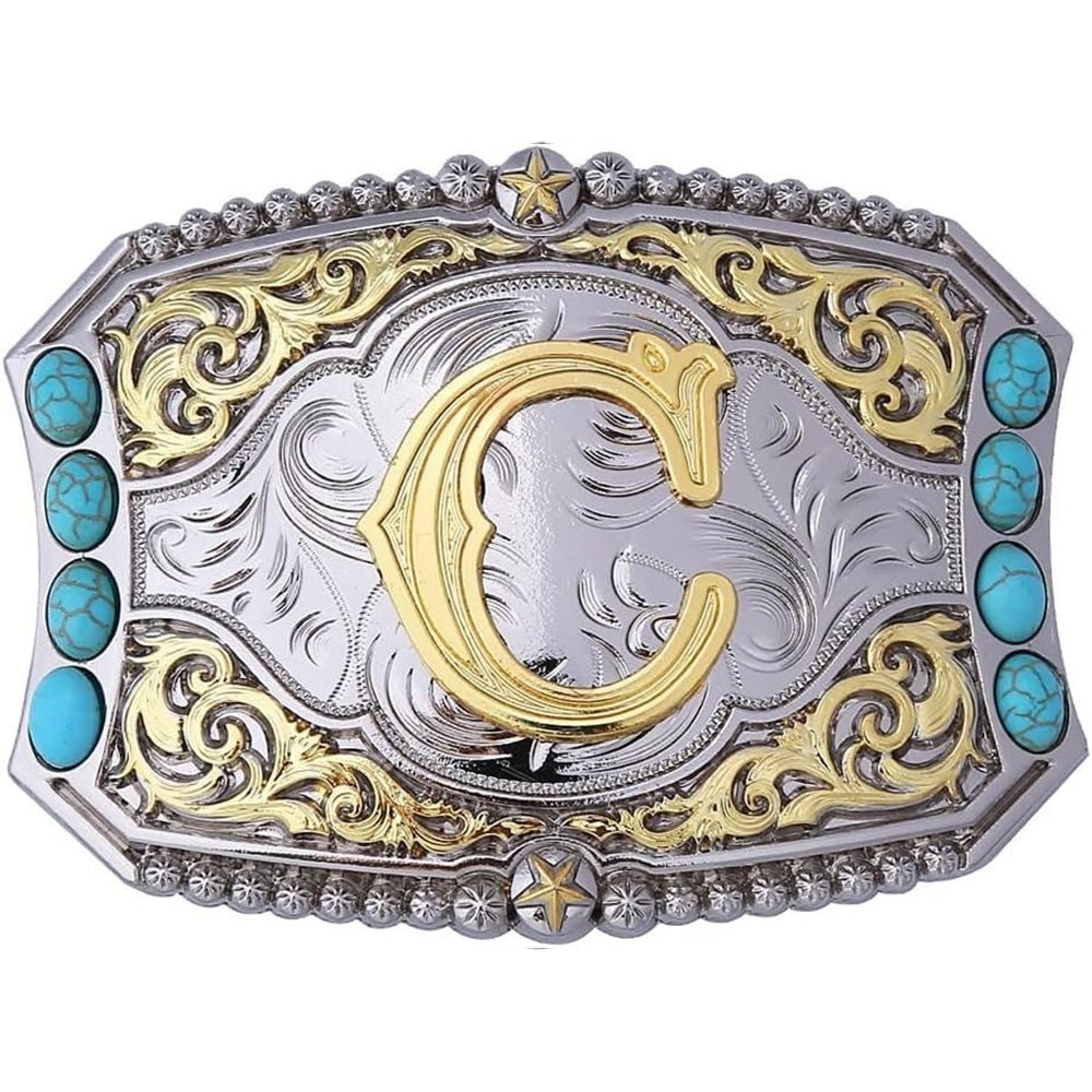 Western Initial Belt Buckle with Turquoise and Gold Silver Engraving - CowderryBelt BucklesC