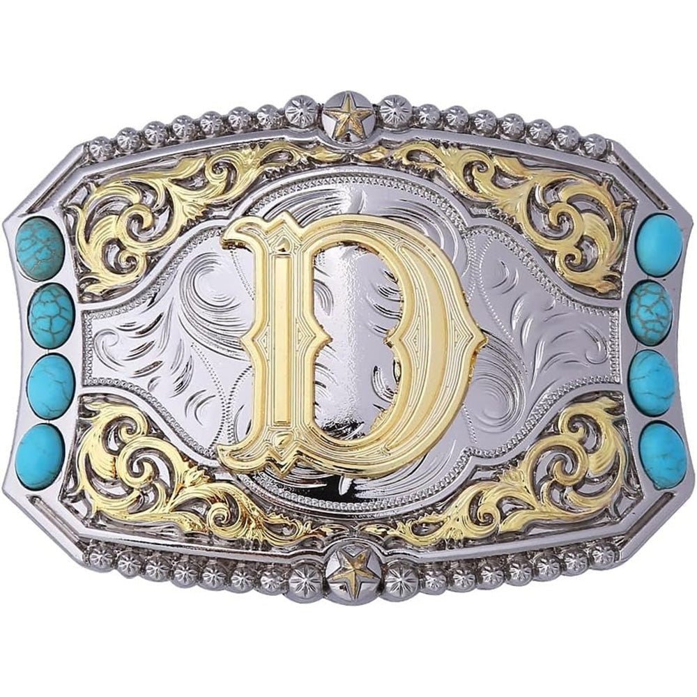 Western Initial Belt Buckle with Turquoise and Gold Silver Engraving - CowderryBelt BucklesD