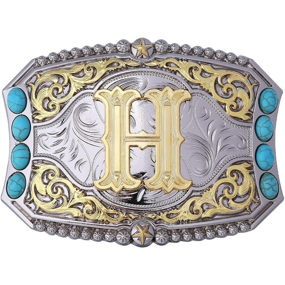 Western Initial Belt Buckle with Turquoise and Gold Silver Engraving - CowderryBelt BucklesH
