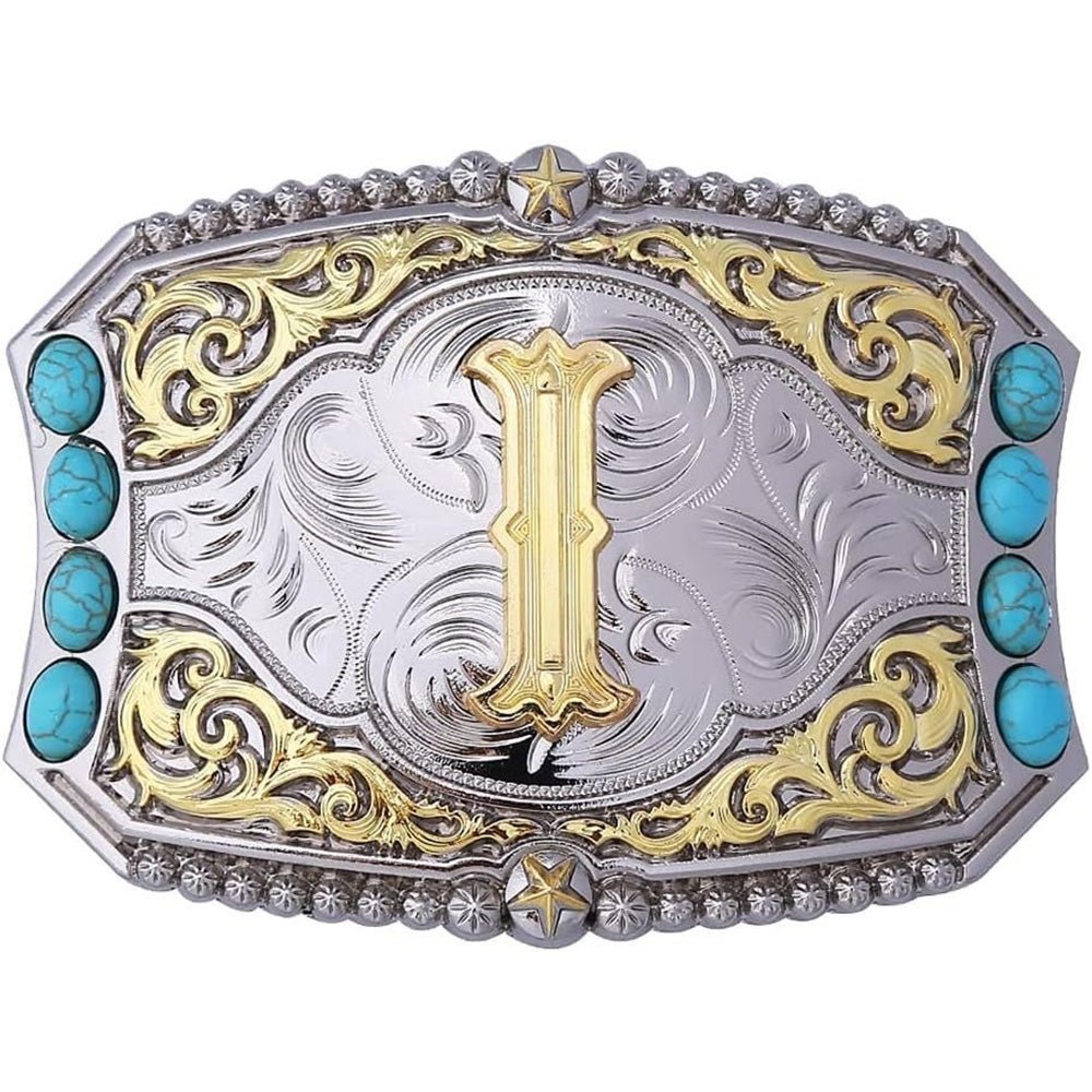 Western Initial Belt Buckle with Turquoise and Gold Silver Engraving - CowderryBelt BucklesI