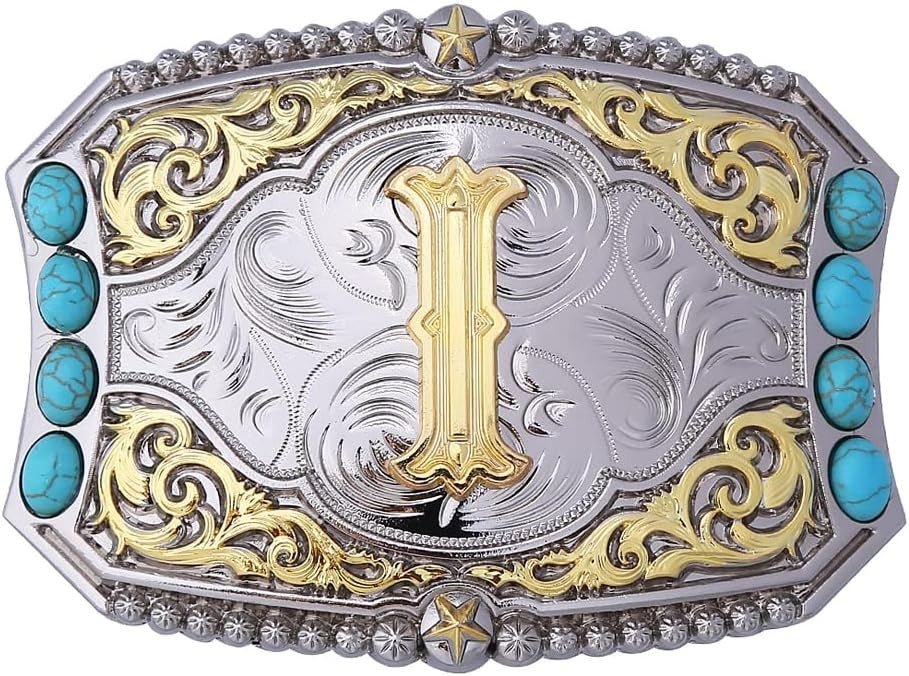 Western Initial Belt Buckle with Turquoise and Gold Silver Engraving - CowderryBelt BucklesI