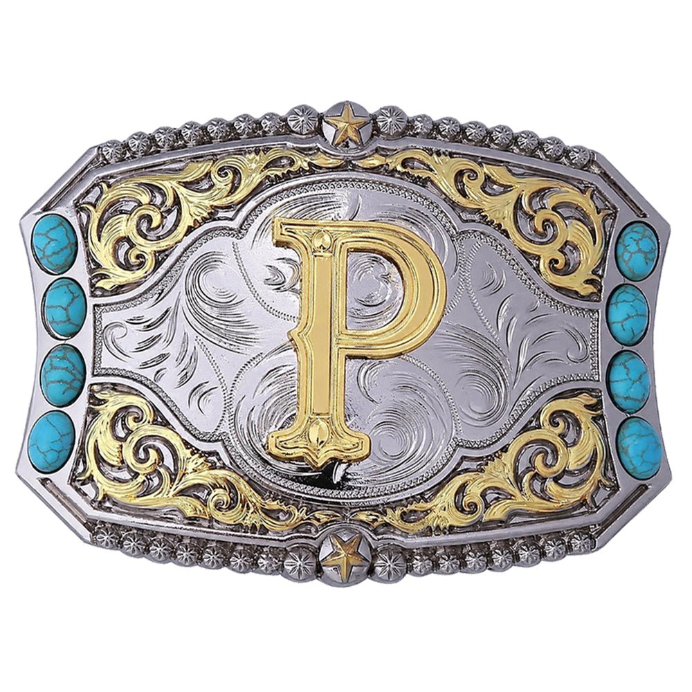 Western Initial Belt Buckle with Turquoise and Gold Silver Engraving - CowderryBelt BucklesP