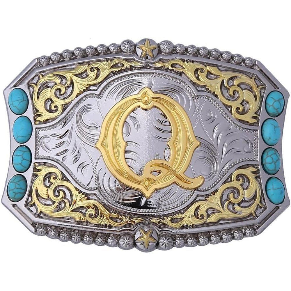 Western Initial Belt Buckle with Turquoise and Gold Silver Engraving - CowderryBelt BucklesQ